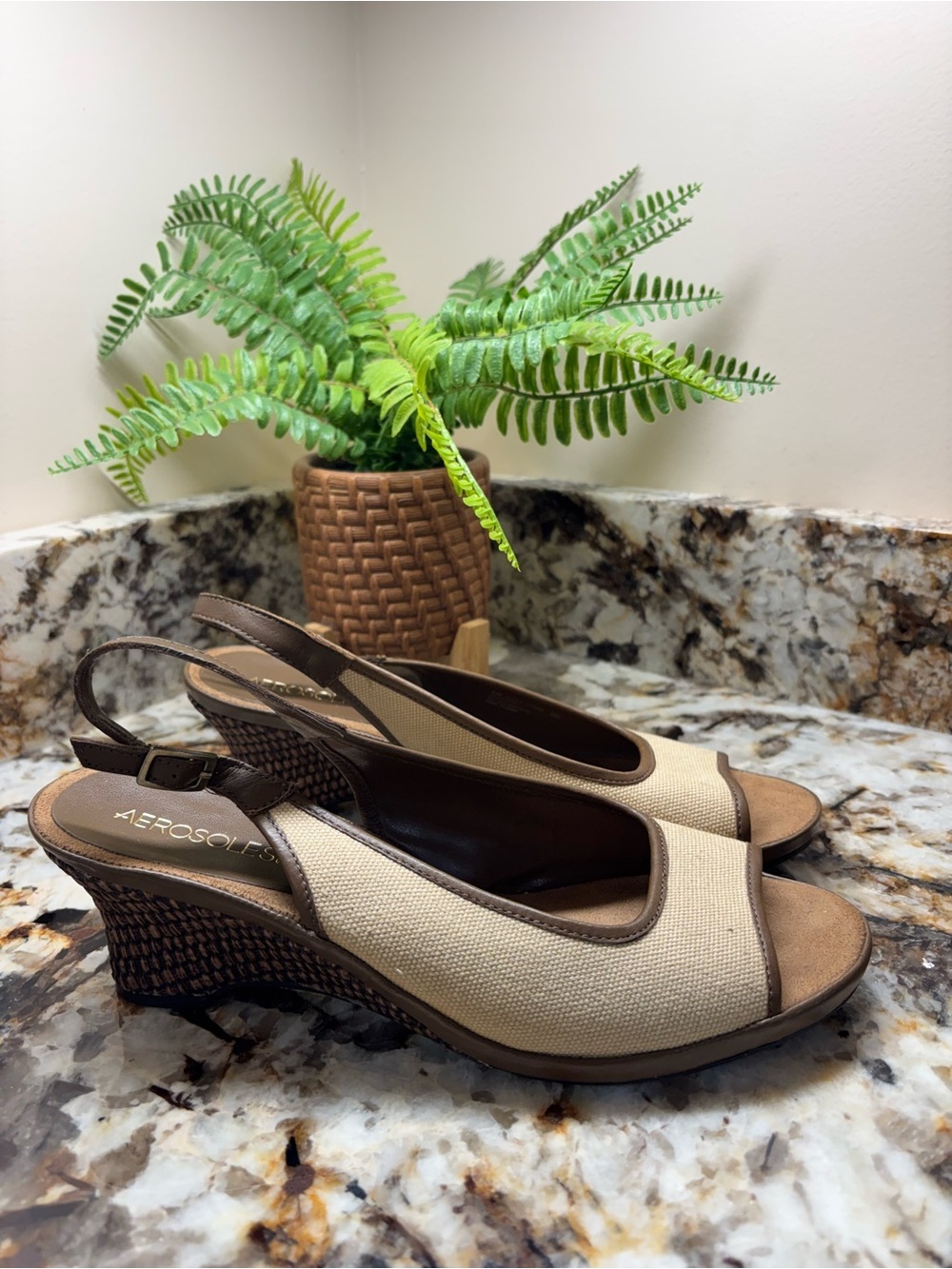 AEROSOLES Beige and Brown Canvas Slingback Wedge Sandals